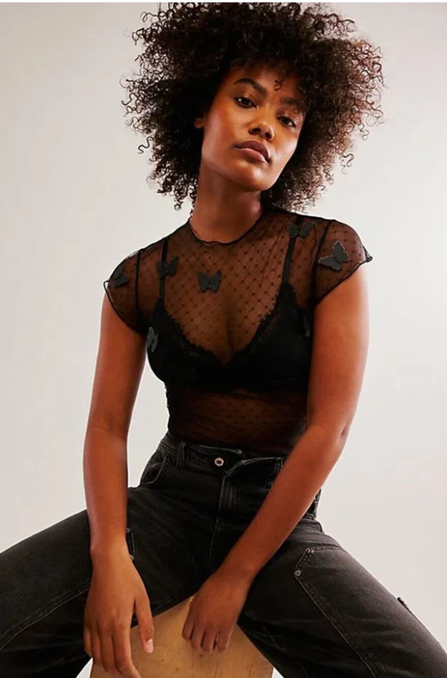 Free People FLUTTER BY 3-D Butterfly Sheer Mesh Dot Crop Tee Top Black XS NWOT